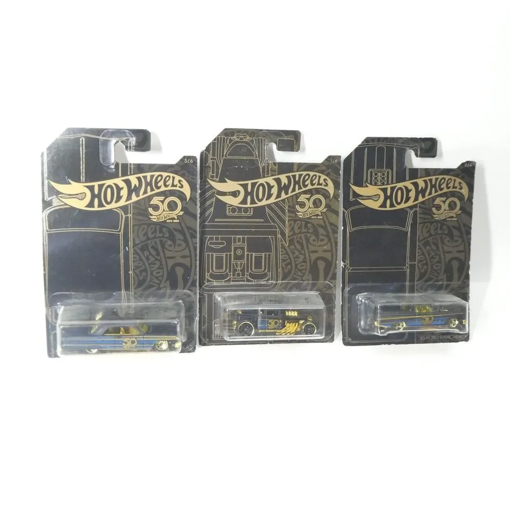 Hot Wheels 50th Anniversary Black & Gold Lot 3 Cars Ranchero Bone Shaker Impala